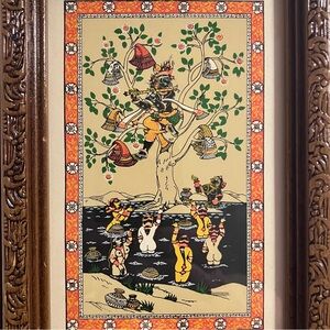 Vintage INDIA POSTCARD / Krishna STEALING GOPIS CLOTHES / 6 Color HANDMADE LITHO